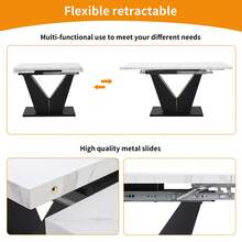 Dining Table Set (5 Pieces), Dining Table Set With 4 Chairs, Modern Kitchen Table Set With Extendable Table Top, Black V-Shaped Legs, White Marble Table Top, Grey Velvet Dining Chairs