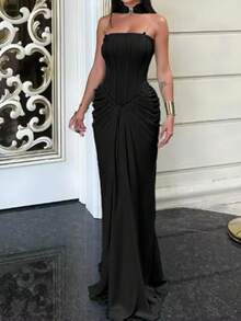 Doriss 精致大码抹胸褶皱奢华晚礼服，适合大码女性，白色派对活动，复古富贵风格，宫廷风格，端庄得体，商务休闲女性，新年，纯色，情人节装扮，婚礼季黑色夏季优雅 - 黑色 - 查看 5