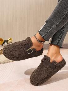 咖啡棕色套脚穆勒鞋，时尚百搭圆头流苏搭扣平底凉鞋，女士毛绒鞋 - 咖啡棕 - 查看 6