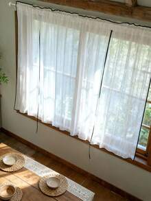 1 Pc Beige Striped Tie Up Curtain For Window Adjustable Balloon Cafe Short Sheer Curtain For Kitchen Light Filtering Half Window Curtain Rod Pocket - Beige - View 8
