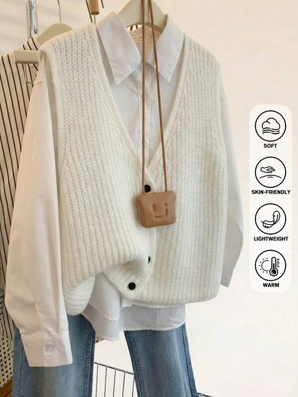 JIANHU Sweter-kamizelka z grubej dzianiny na jesień i zimę dla kobiet, przytulny sweter bez rękawów z dekoltem w serek, swobodny, warstwowy look na Święto Dziękczynienia i powrót do szkoły