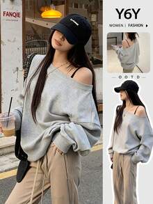 Y6Y 休闲时尚宽松不对称肩部女式卫衣，长袖露肩上衣，2025 年秋冬新品 - 花灰色 - 查看 11