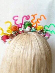 1pc Santa Claus, Christmas Tree, Reindeer, Gingerbread Man, House, Pom Pom, Twist Tie, White Headband - Multicolor - View 4