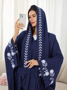 1pc Elegant Leaf Embroidered Hijab + Open Abaya, Classic & Fashionable Muslim Clothing For Women's Daily Wear - 彩色 - 查看 8