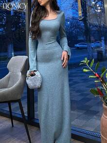 DONICY فستان محبوك أنيق للنساء، فستان كاجوال مطاطي ملائم بلون أحادي مع ياقة مربعة، أكمام طويلة، قميص ضيق مخطط مناسب للكرنفال وعيد الحب والربيع/الصيف/الخريف - الأزرق - مشاهدة 1