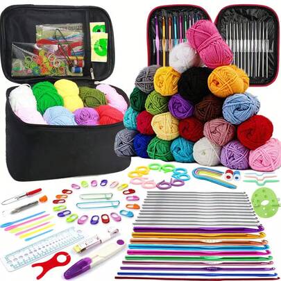 Complete Crochet Kit, Includes Crochet Hook, Yarn, Accessories And Yarn Storage - Full DIY Handcraft Knitting Set Suitable For All Seasons (All Product Colors And Yarn Packaging Are Random)