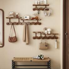 1pc Bamboo Wall Mount Coat Rack With Hooks, Polished Finish, Easy Install, Casual Style, No Drilling Required, Multipurpose Organizer For Bedroom, Living Room, Entryway - 棕色-4鉤 - 查看 7