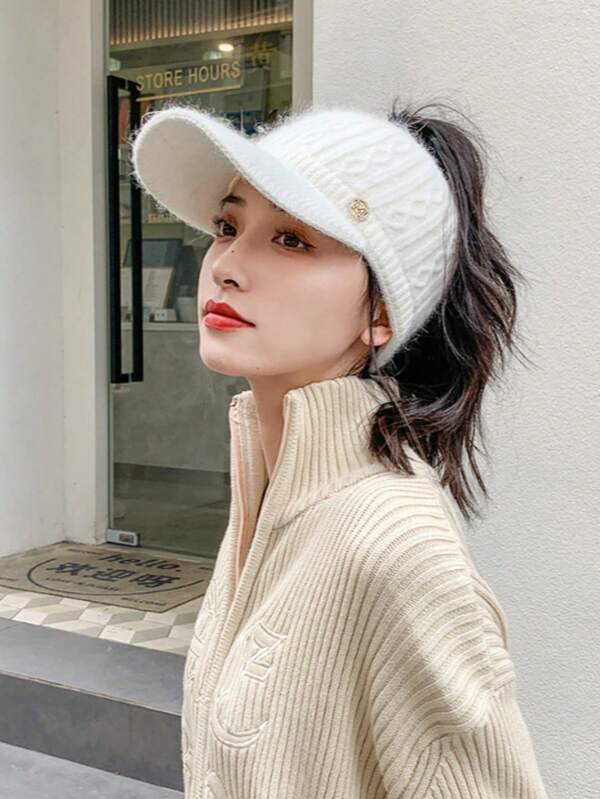 Gorra de béisbol con visera para mujer, de lana de conejo tejida versátil para otoño e invierno, forrada de felpa, engrosada, cálida con orejeras