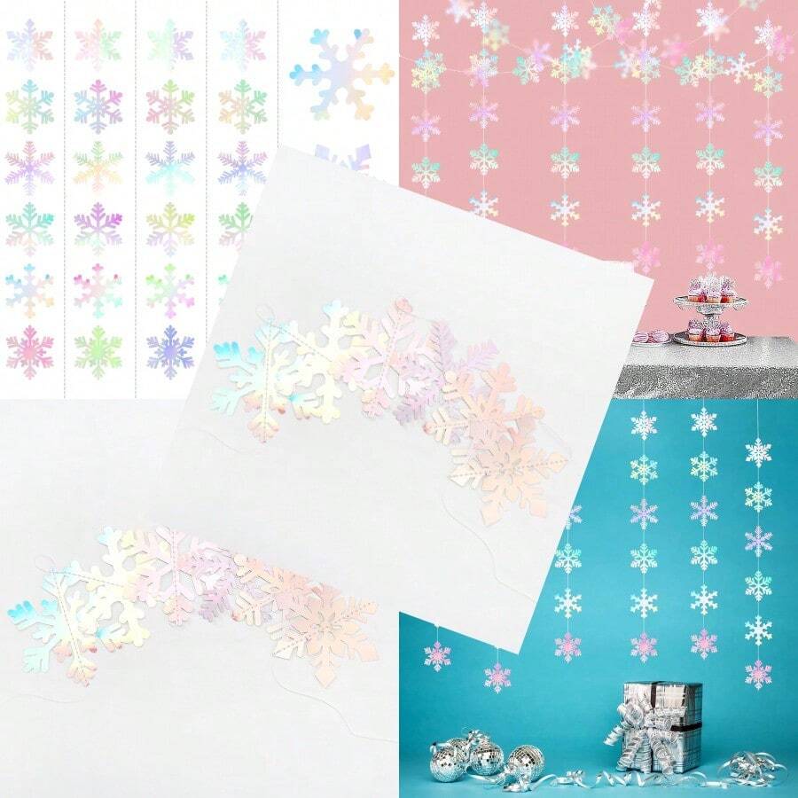 IridescentHolographic SnowflakeSnow Christmas PartyDecorations Garland 6pcs Winter Girl Frozen Birthday New Year Hanging Decoration Streamers Banner Wonderland Party Supplies Decor Panduola - 彩虹唱片全息圖 - 查看 1
