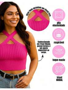 Cropped Top Feminino Tricot Canelado Frente Única com Alças Cruzadas e Recorte Vazado Justo Blusa Curta Casual Verão Festa - Pink - Visão 4