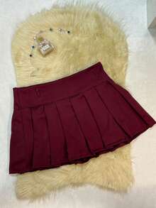 Women's Pleated Short Skirt - Kawaii Fashion College Style - Màu Đỏ Sâu - Xem 2