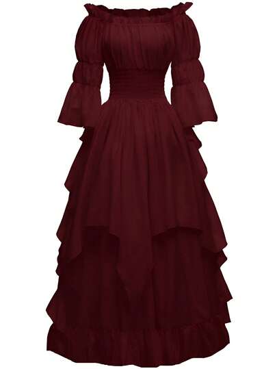 Medieval Style Women's Solid Color Ruffle Off Shoulder Flare Sleeve Cinched Waist Maxi Elegant Dress Spring