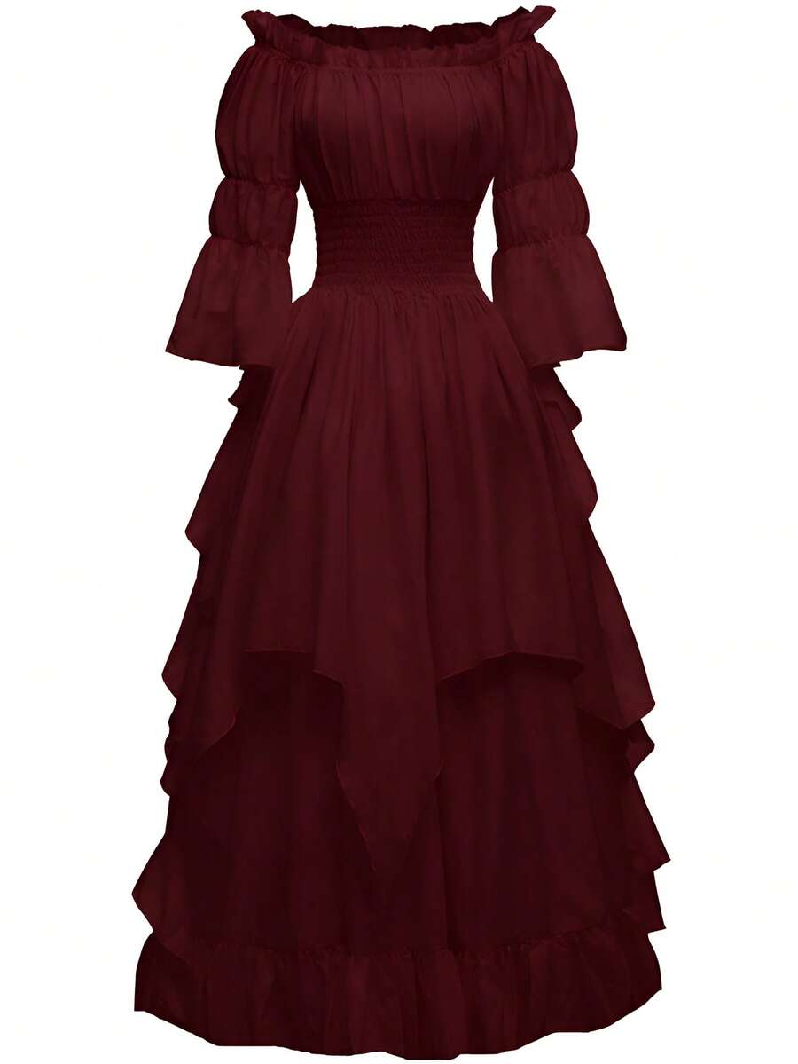 Vestido elegante de estilo medieval para mujer con volantes de unicolor, hombros descubiertos, mangas acampanadas y cintura ceñida