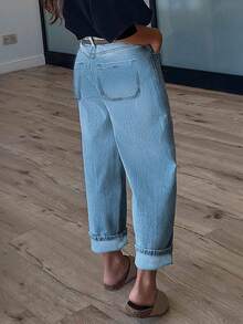 Casual Light Blue Straight Leg Denim Jeans For Women With Button And Pocket Details Non-Stretch Long Length - trung bình - Xem 2
