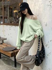 Y6Y 休闲时尚宽松不对称肩部女式卫衣，长袖露肩上衣，2025 年秋冬新品