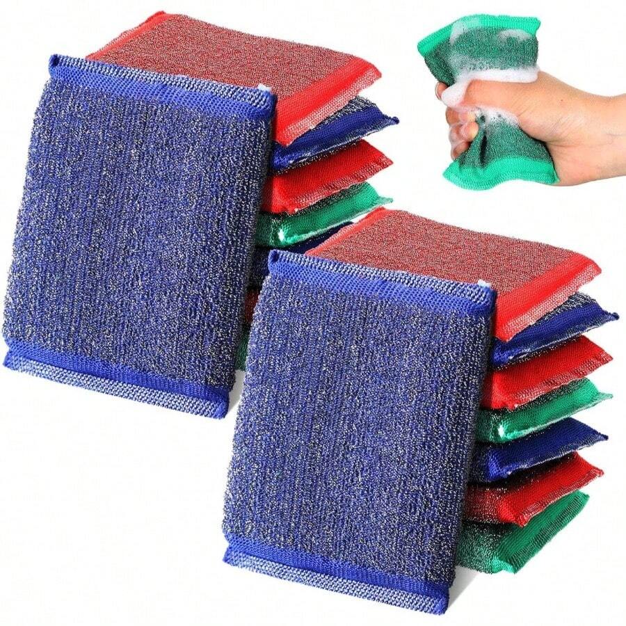 16 Pack Steel Dish Sponge Scrub Sponge Kitchen Multipurpose Dish Scrubber Household Cleaning Non Scratch Foam Rubber Cleaning Dishes, Pans, Pots And Hard Stains, Color Random - Xanh lam, Xanh lục, Đỏ, Tím - Xem 1