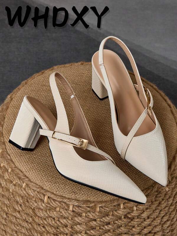 WHDXY 7cm Pointed Toe Chunky Heel Slip-On Snakeskin Pumps, Khaki, Elegant For Work Or Party