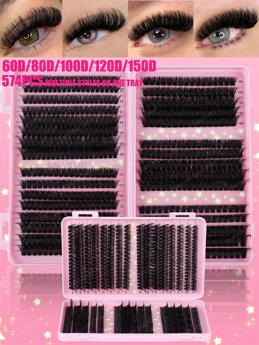 620/574片D型卷翘蓬松单根假睫毛，逼真浓密柔软混合款DIY分段式假睫毛套装，大容量，新手友好，持久耐用，3D/5D/6D眼妆假睫毛，适合居家DIY、旅行、日常通勤、派对、婚礼和新娘妆容。