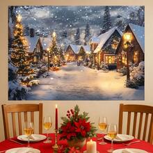 Cenário de Tema de Aldeia Nevada de Natal, Casas Cobertas de Neve, Árvores de Natal, Design de Postes de Iluminação, Ideal para Fundos de Festa de Natal, Adereços de Estúdio de Fotografia de Retrato, Material de Vinil