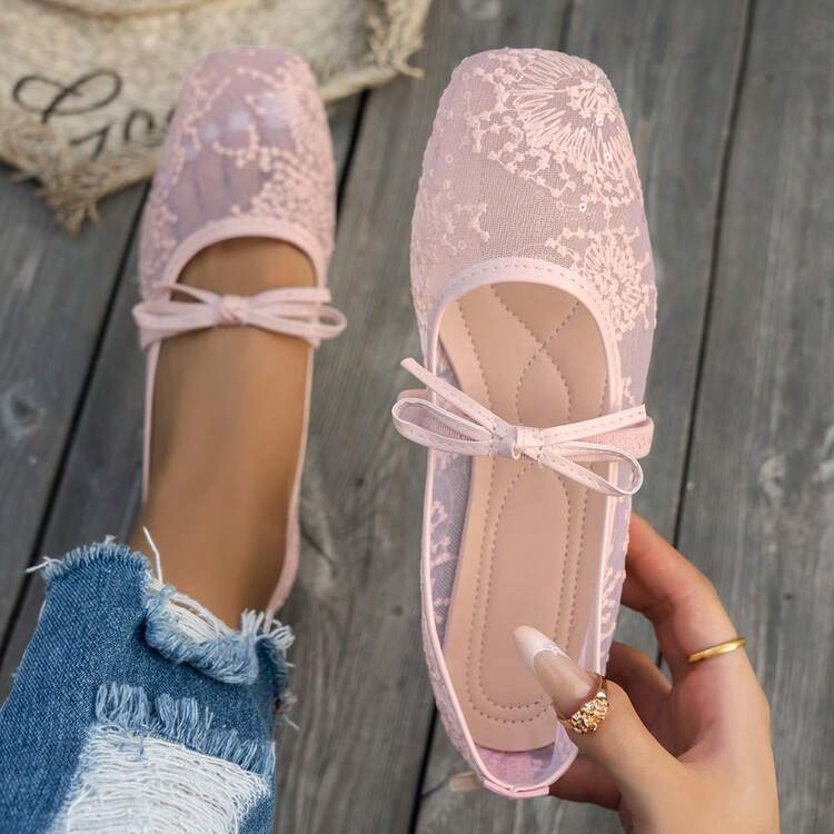 Bow Pointed Toe Women's Flat Shoes, Knitted Slippers, Plus Size Casual Ballet Flats, Comfortable Ballet Flats For Summer, Slip-On Loafers For Mothers, Versatile Women's Shoes In Bohemian Style (Yellow, Black, White, Beige, Light Blue, Leopard Print), Lace Flat Shoes, Casual Slip-On Shoes For Big Sizes, Breathable Walking Shoes, Women's Casual Flat Shoes, Slouchy Shoes, Hollow Bowknot Women's Flats, Elegant White Flat Shoes - Pink - View 8