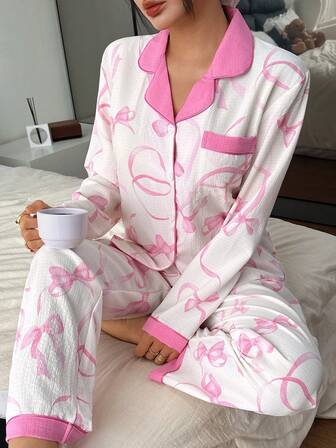 2pcs Women Pajama Set, Ribbon Bow Print Long Sleeve Collared Top And Pants, Ladies Sleepwear Loungewear For All Seasons