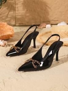 Women's Pointed Toe High Heel Pumps, New Autumn Elegant Formal Shoes With Ankle Strap, Metallic Decor, 9cm Heel, Black, Suitable For Party And Work,Stilettos Heels - Black - View 4