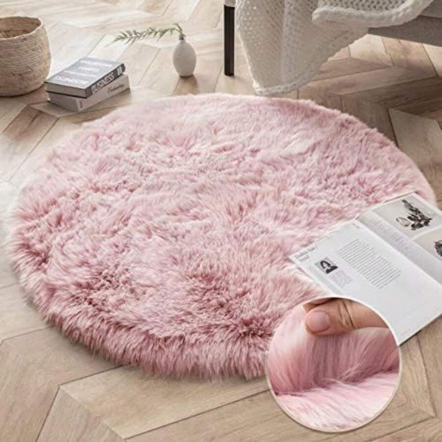 Ashler Soft Fox Faux Fur Chair Couch Cover Area Rug for Bedroom Floor Sofa Living Room(3 x 3 Feet Round Pink White) - Tipo 39 - Ver 1