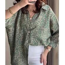 Plus Size Floral Print Button-Front Shirt, Elegant For Everyday Wear - Green - View 8