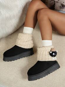 Cute, Warm, Thermal-Lined, Thick-Soled Comfortable Ankle Boots, Fashionable, Faux Thermal Lined, Short Shaft, Slimming, Non-Slip, Outdoor, Knit Sock Liners, Snow Boots, Suitable For Winter