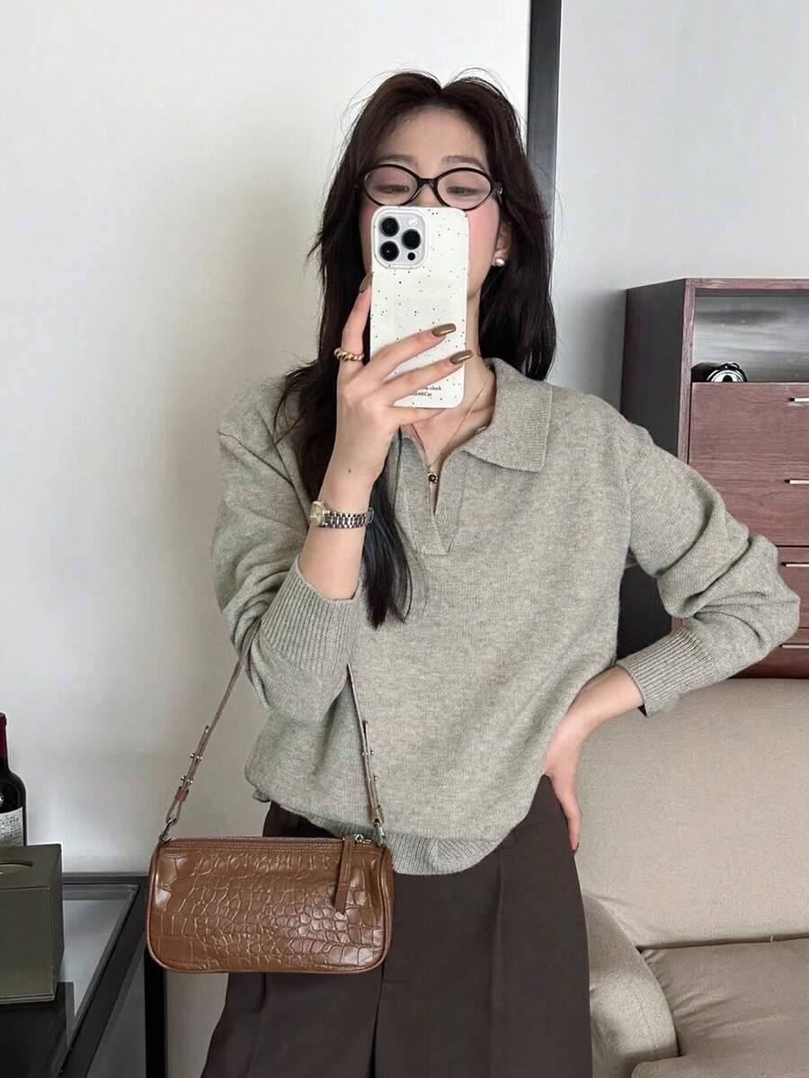 2025 Spring Oversized Soft Crew Neck Women Sweater Top - Grey - View 1