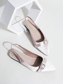 一双纯色时尚搭扣穆勒平底露跟尖头无后跟鞋，适合度假、春秋季穿着。 - 粉色 - 查看 2