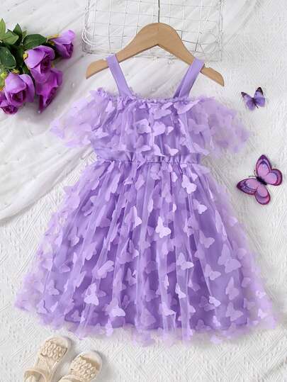 少女优雅连衣裙，时尚吊带露肩网纱蝴蝶贴花连衣裙，适合日常、派对、演出等场合。