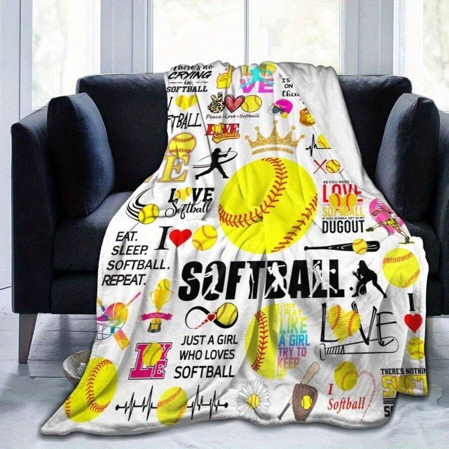Softball Printed Blanket, Team Gift,Super Soft Flannel Printed Blanket,As Birthday Gifts, Family, Wedding, Souvenir Blankets, Polyester Blankets Suitable For All Seasons, Washable, Machine Washable, Lightweight, Breathable, Comfortable, Warm, Unique, 280gsm For Him, Her Personalized Ideal Gifts For Her, Him, Family, Boyfriend, Girlfriend, Father, Family, Mother, Lover, Daughter, Son, Grandfather, Grandmother, Friend, Classmate, Pet. Perfect Nap, Camping, Travel, Home, Daily Life, Office Decoration, Birthday, Anniversary, Valentine's Day, Thanksgiving, Christmas, Halloween, Mother's Day, Father's Day, Wedding, New Year Gifts ,Sofa,Bed,Car,Bedroom,Living Room,Office, Outdoor Camping, Beach,Wall Decoration - 多色4 - 查看 1