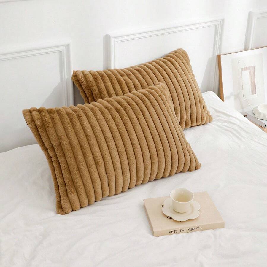 1pc Faux Rabbit Fur Striped Pillowcase, Without Pillow Insert, Soft Plush Zippered Pillow Cover, Removable And Comfortable For Better Sleep - Brown - View 1