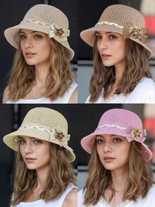 1pc Women's Fashionable Floral Decor Elegant Knitted Wide Brim Straw Hat, Suitable For Spring/Summer Outdoor, Travel, Beach, Camping, Versatile Daily Wear