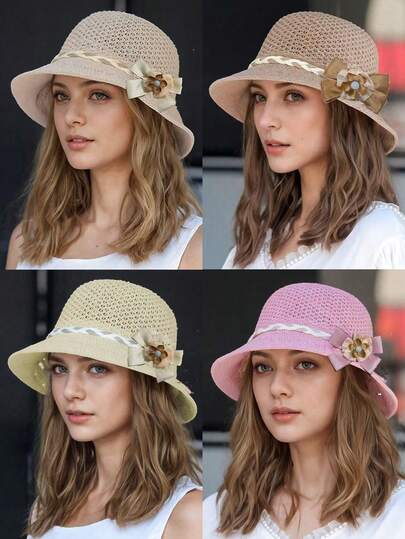 1pc Women's Fashionable Floral Decor Elegant Knitted Wide Brim Straw Hat, Suitable For Spring/Summer Outdoor, Travel, Beach, Camping, Versatile Daily Wear