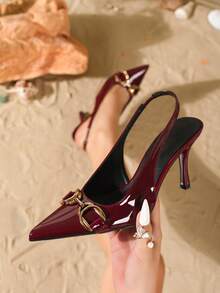 9 cm Escarpins à bout pointu et talon aiguille, bride arrière élégante, matériau PU miroir avec décoration métallique, chaussures de soirée formelles, rouge vin, convient pour les fêtes et le travail, talons bordeaux - Rouge foncé - Voir 1