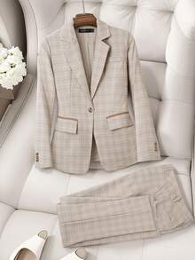 HOMEYEE Women's Checkered Business Casual Suit Set - Blazer Jacket And Pants, Versatile Outfit For Work, Leisure And Vacation - Màu be - Xem 10