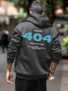 男士休闲街头风 404 创意标语印花抓绒连帽衫，秋冬款，长袖上衣 - 深灰色 - 查看 2