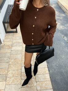 Women's Spring/Autumn New Knitted Cardigan, Casual Fashionable Elegant Style, Round Neck Metal Button Ribbed Design, Solid Brown Sweater Top, Suitable For Commuting And New Year Wear - Brown - View 2