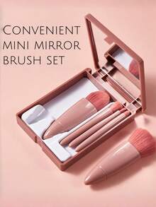 5pcs Mini Mirror Case Makeup Brush Set - Ultra Soft Eyeshadow/Blush/Powder Brushes, Portable Travel Storage Box With Mirror, All-In-One Makeup Essentials For Women, Easy To Clean