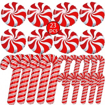 23pcs Red Large-Stemmed Balloon Decorations In The Shape Of A Cane, Circular Windmill-Shaped Balloons, Suitable For Placement And Arrangement During Christmas And Various Festival Celebrations, As Well As For Decoration At Family Gatherings And Events