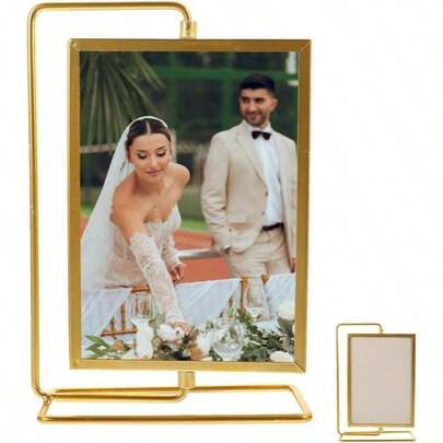 Metal Photo Frame Ornaments: Rotatable Square Iron Frame Home Decoration Living Room Table Display Golden Iron Holds 7X5 Inch