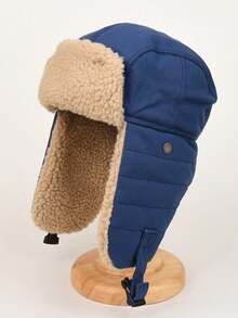 1pc Canvas Plus Fleece Thick Trim Trapper Hat With Ear Flaps, Suitable For Cold Weather Outdoor Activities Such As Skiing, Hunting, Hiking, Casual Wear Winter Outfits