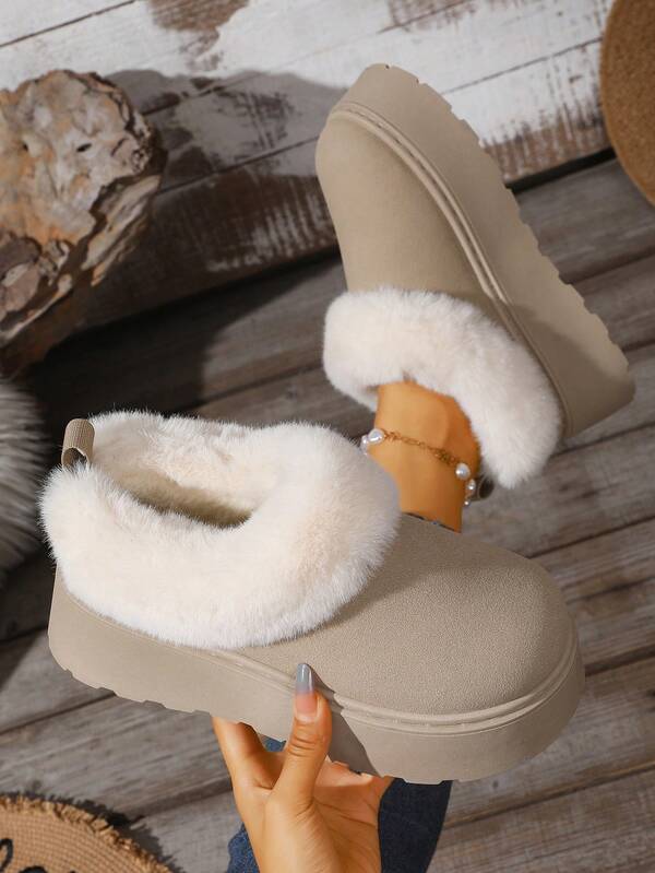 Women's Black/Gray/Brown Platform Faux Fur Lined Warm Snow Boots, Comfortable, Odor-Resistant, Suitable For Indoor, Outdoor Winter Wear