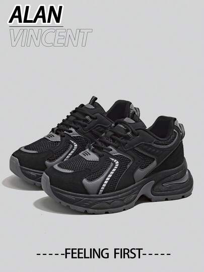 Alan Vincent Serie de zapatillas urbanas Alan Vincent] Zapatos negros para mujer 2025 Nuevos zapatos deportivos de suela gruesa, cómodos y de moda Zapatillas de running con aumento de altura Zapatillas casuales para mujer Calzado exterior Calzado de mujer Malla transpirable