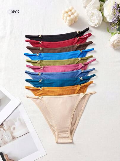 10pcs Women's Soft Breathable Ribbed Multicolor Bikini Briefs, Comfortable Daily Wear Ideal Choice, Durable Quality Ladies Underwear