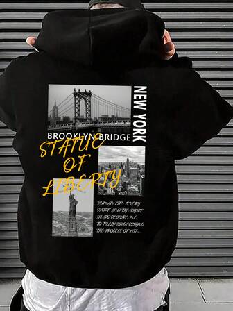 青少年秋冬黑色时尚百搭小熊印花保暖连帽卫衣，抓绒，带帽，青少年男孩礼物