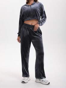 Oversized Grey Zip-Up Jacket & Sweatpants Sport Tracksuit For Women Hoodie & Wide Leg Pants 2 Pieces Athletic Set - Iron Gray - View 7