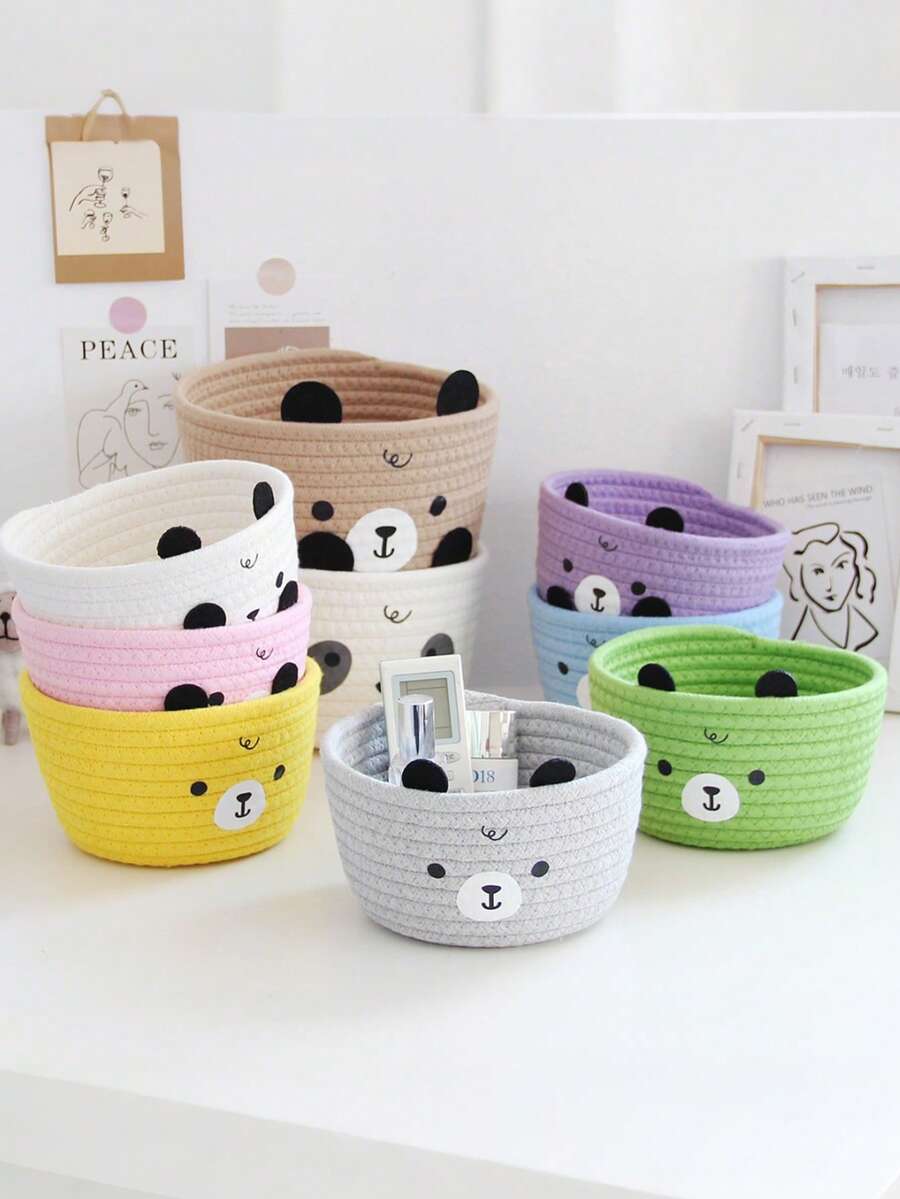 1pc Handmade Woven Teddy Bear Storage Basket, Cartoon Cute Desktop Organizer Basket